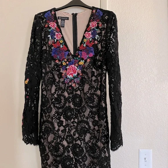 Anna Sui for INC black lace midi dress with floral detailing.